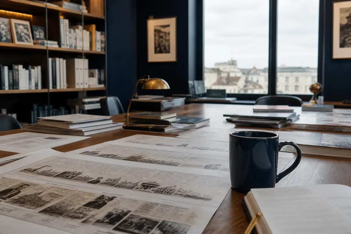 Scrivania editoriale con documenti e grafici